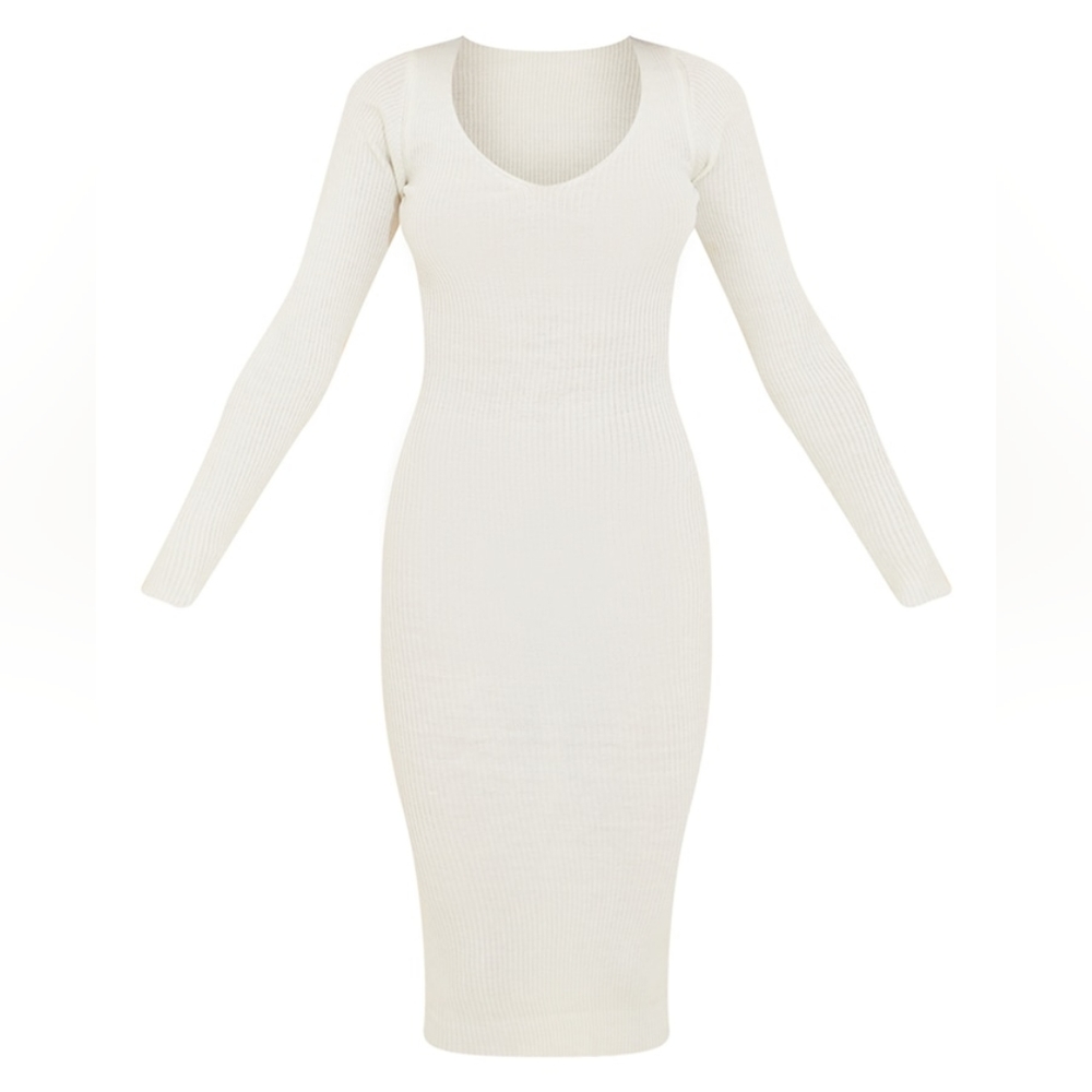 Cream V Neck Knit Midi Dress
